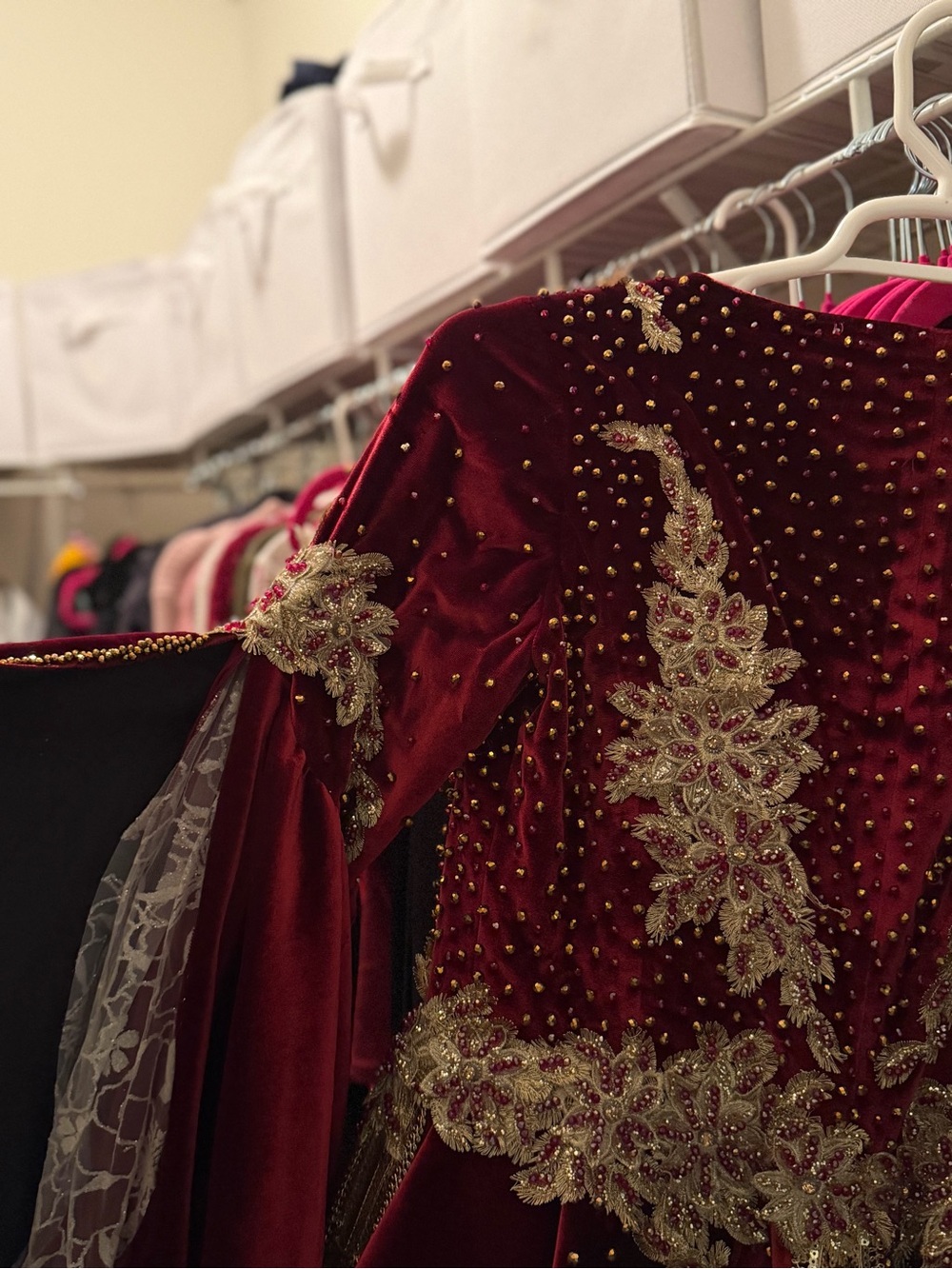 Embroidered Velvet Burgundy Women's Turkish Kaftan with Gold Appliqué